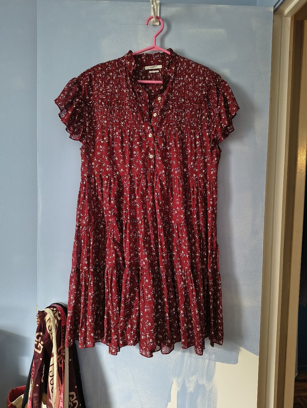 Isabel Marant Lanikaye Red Floral Cotton Smocked And Pin Tucked Dress 36 M